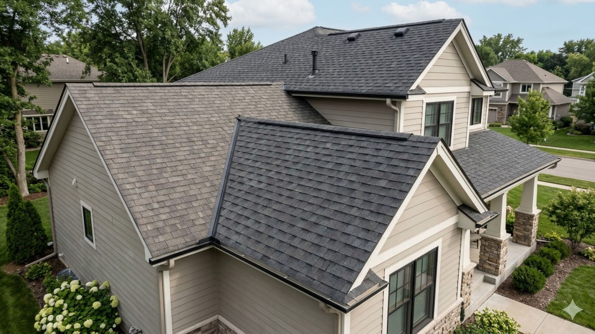 asphalt shingle roof on residential house showing architectural three tab and premium shingles durable home roofing design
