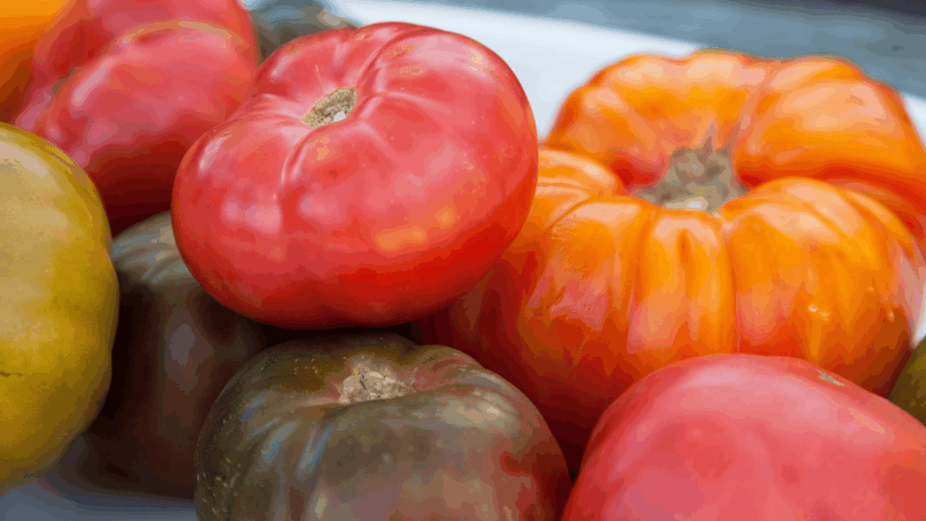 assorted heirloom tomatoes in red orange yellow and green displayed on a plate with rich colors and textures