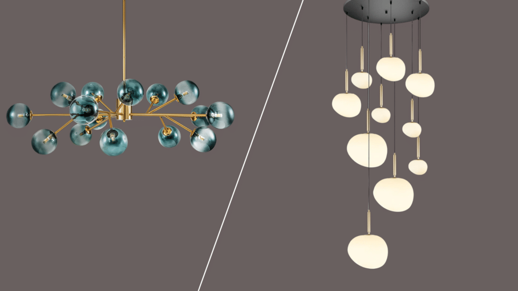 asymmetrical cluster light with multiple hanging elements arranged creatively for dynamic modern lighting effect