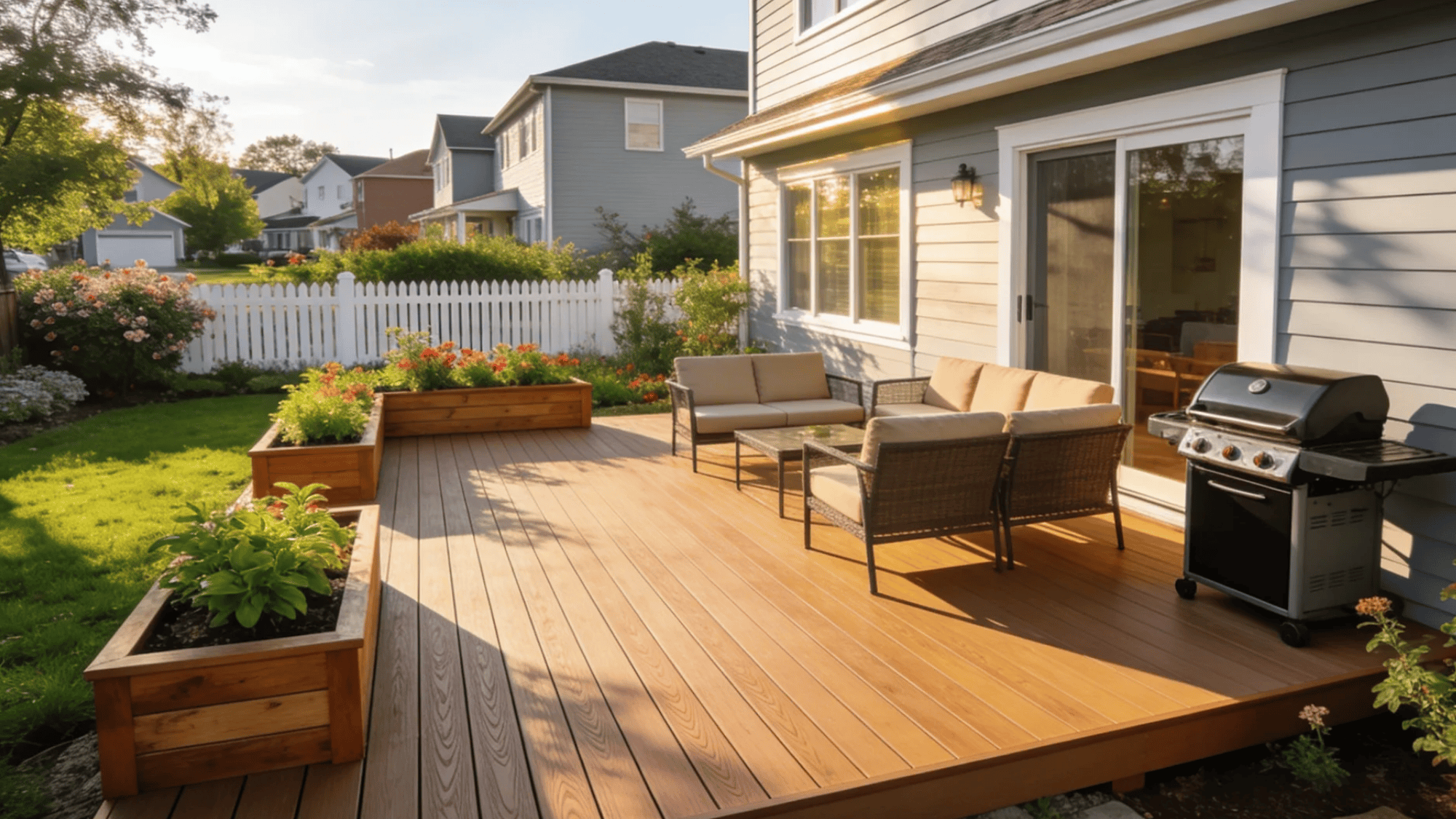 backyard deck with outdoor seating plants white fence and grill in warm evening sunlight