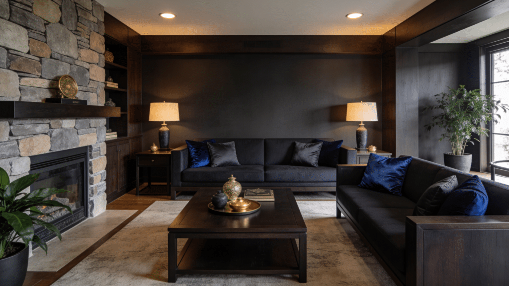 balanced living room with dark tones and soft lighting