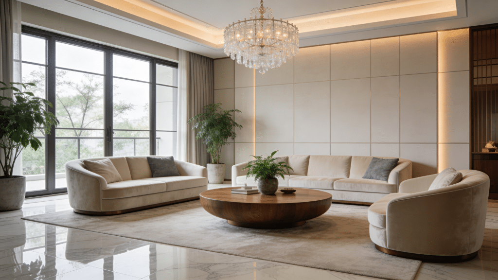 balanced seating layout with natural light and plants