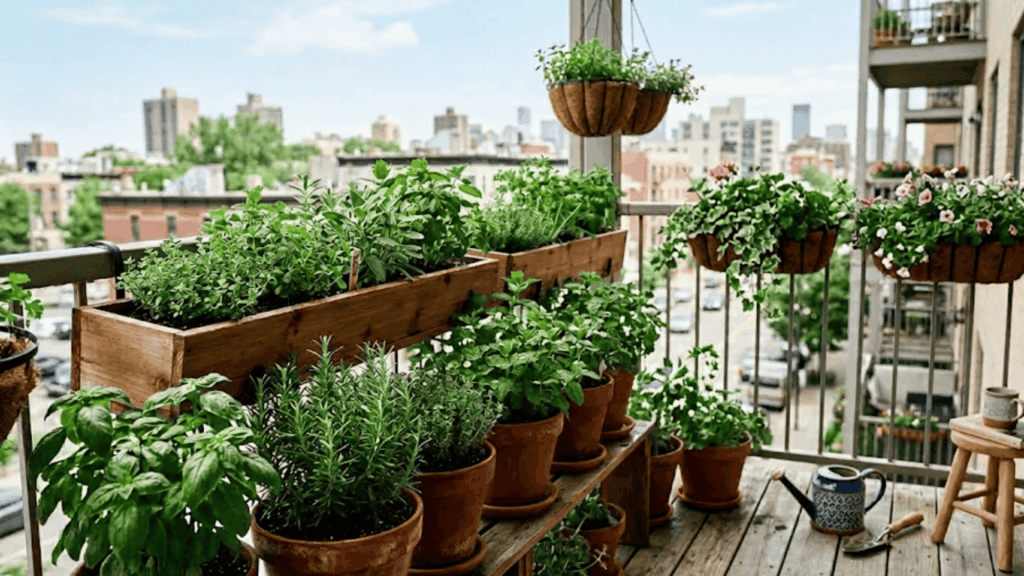 balcony herb garden with potted plants wooden planters and hanging baskets in a small urban space
