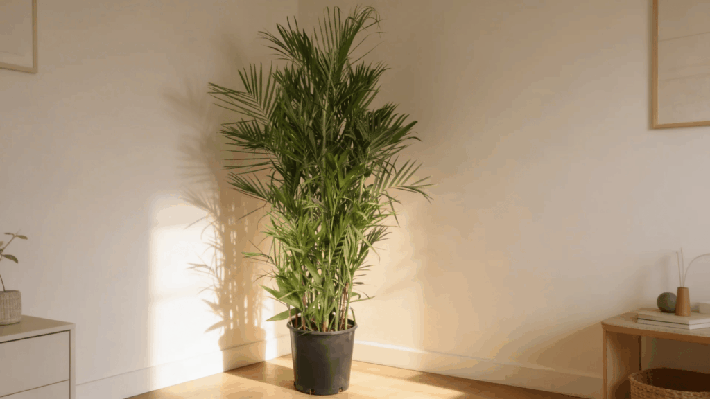 bamboo palm placed in indoor corner with airy space indirect light and simple home decor setup