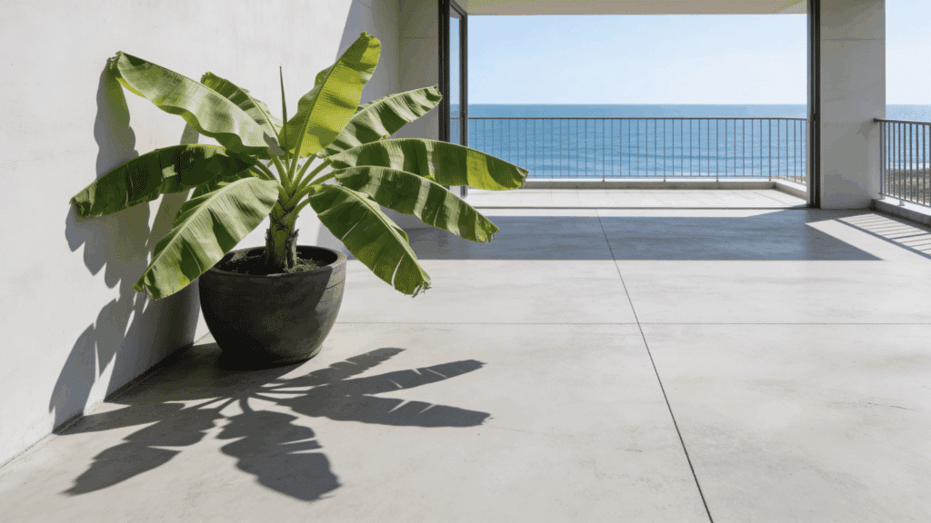 banana plant in a black pot on a spacious modern balcony with ocean view and sunlight casting shadows