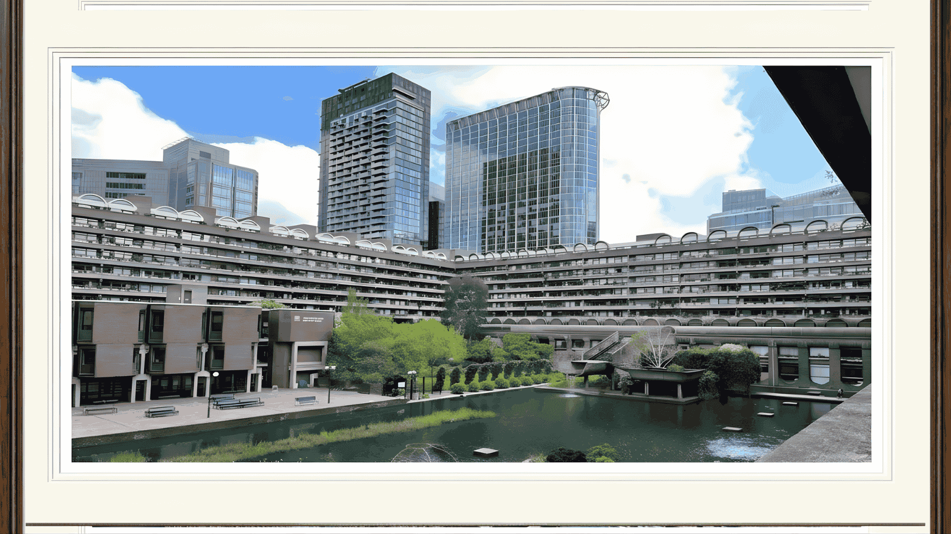 barbican estate london eco brutalist buildings with concrete terraces surrounding a green water garden (3)