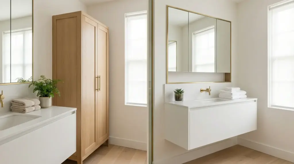 Minimalist bathroom with wooden cabinet, floating vanity, gold fixtures, and natural light through windows