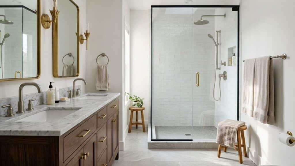 bathroom design using a rule with dominant metal and small accent finishes for balance