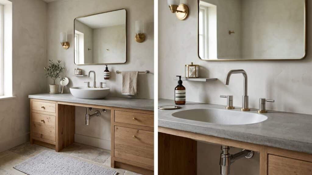bathroom mixing warm and cool metal tones like brass and chrome in a balanced design