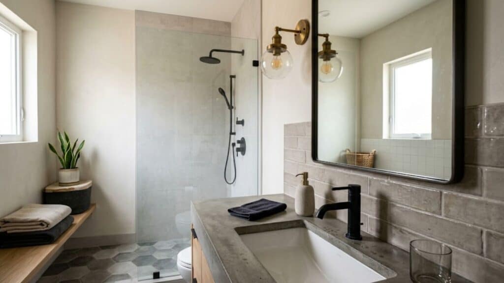 bathroom with metal finishes placed in separate areas creating balanced and uncluttered design