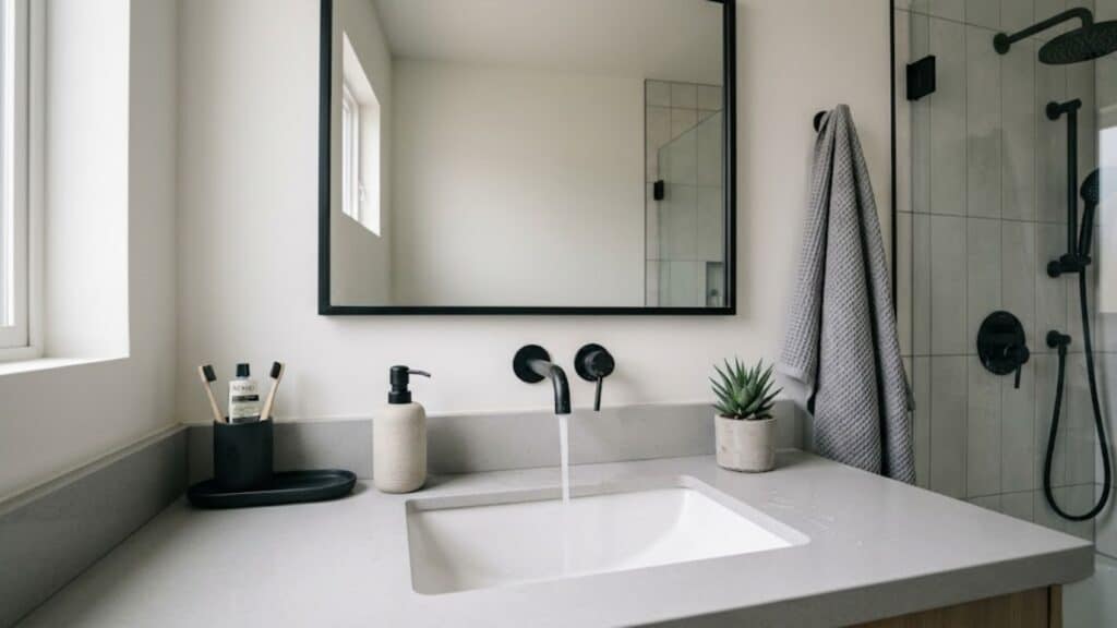 bathroom with one main metal finish on faucet and fixtures creating clean and simple design