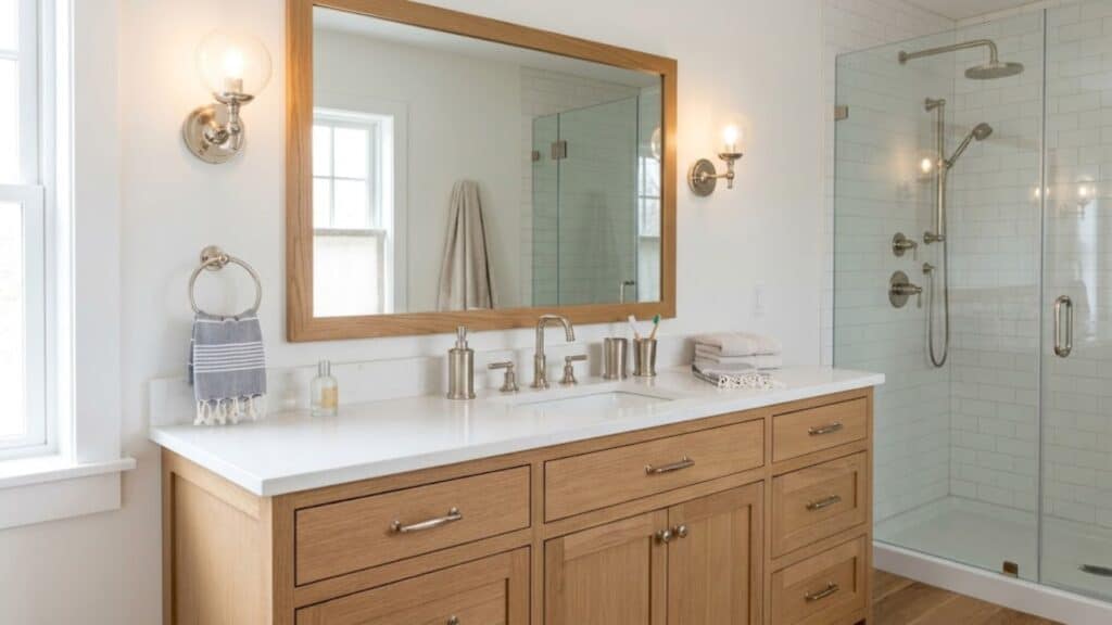 bathroom with repeated metal finishes on faucet handles and lighting creating cohesive look