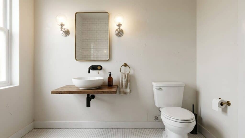 bathroom with two to three metal finishes creating simple clean and organized design look