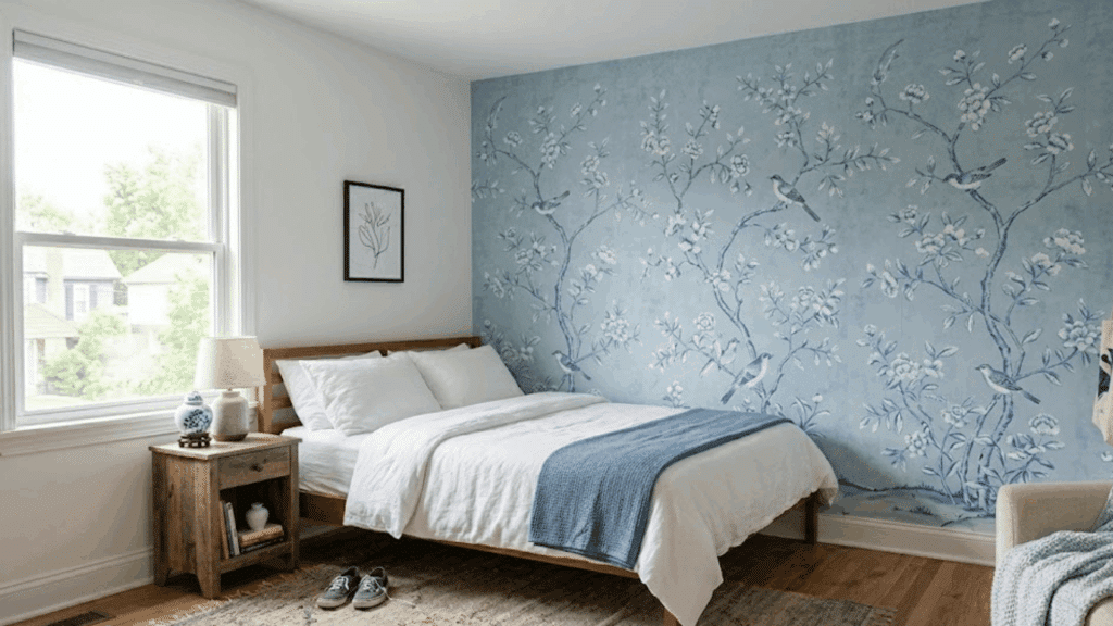 bedroom with blue floral wall simple bed and wooden side table