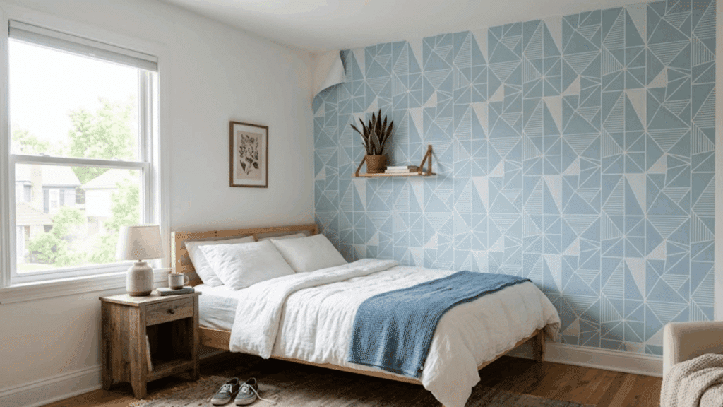 bedroom with blue geometric wall shelf plant and neat bed setup