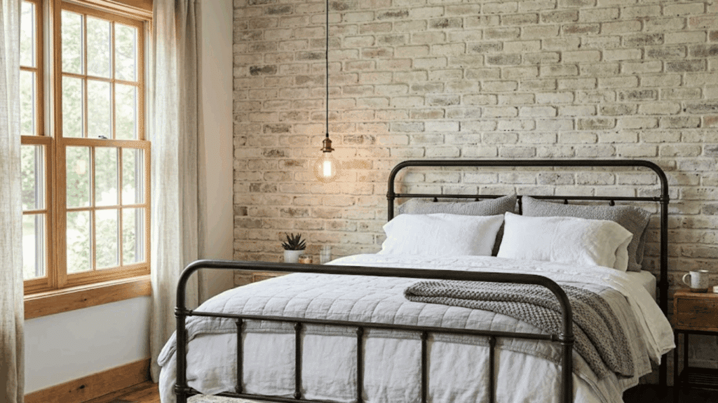 bedroom with brick wall metal bed frame and soft neutral bedding