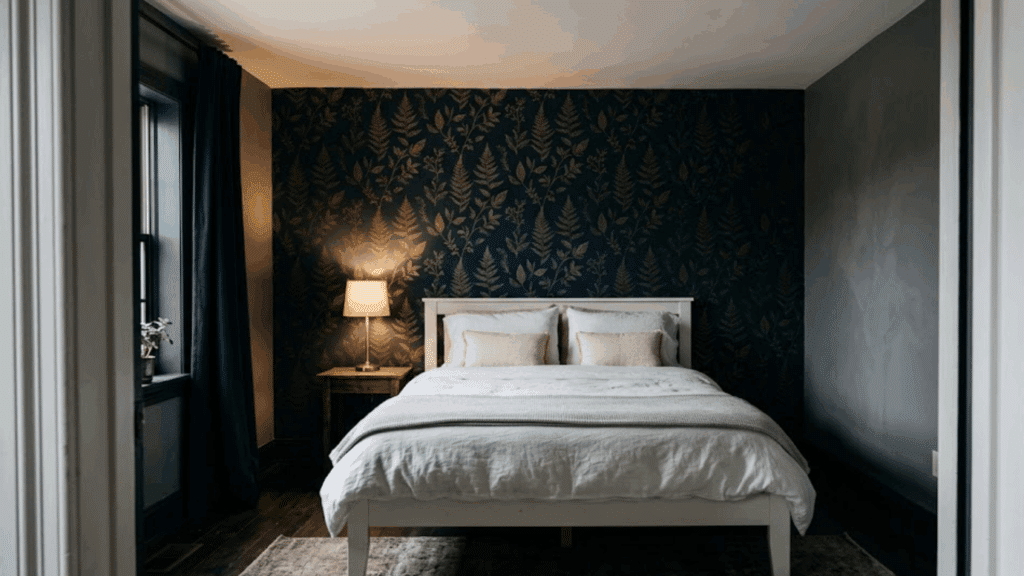 bedroom with dark floral wall soft bedding lamp and moody lighting