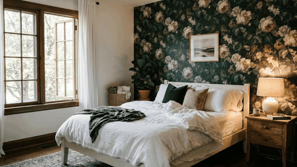bedroom with floral wallpaper soft bedding wooden table and warm lamp