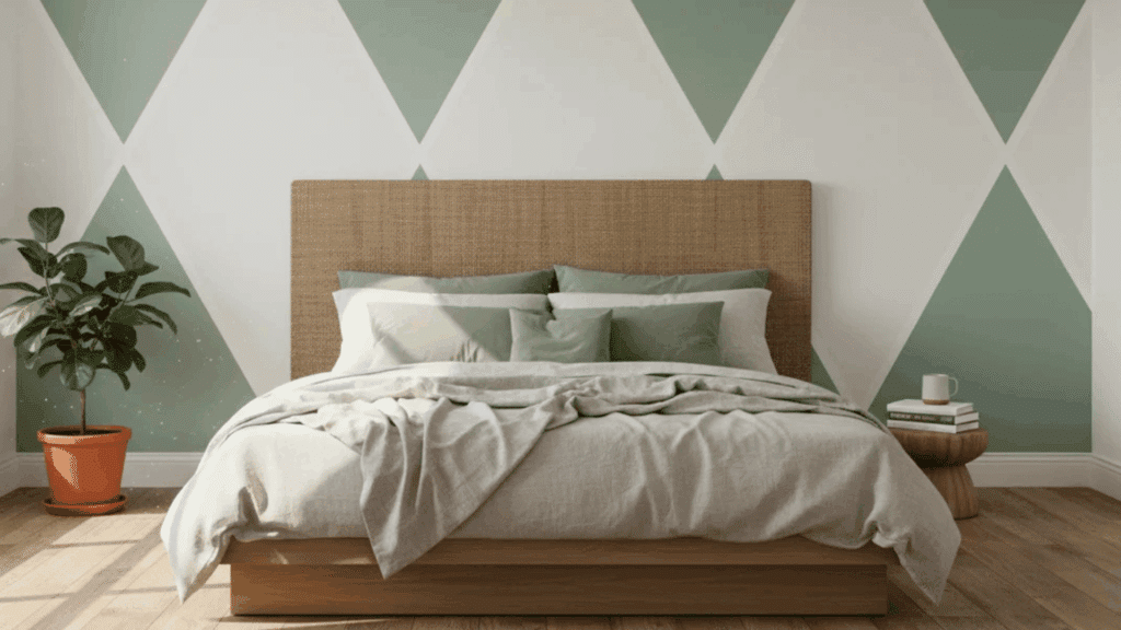 bedroom with green geometric wall wooden bed layered pillows and plant