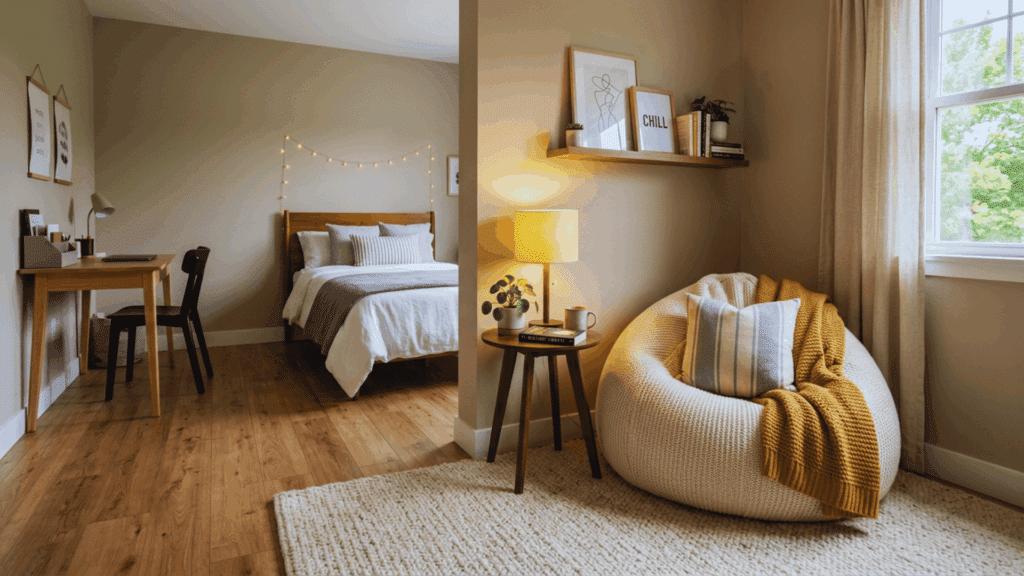 bedroom with lounge corner bean bag chair soft lighting and cozy setup