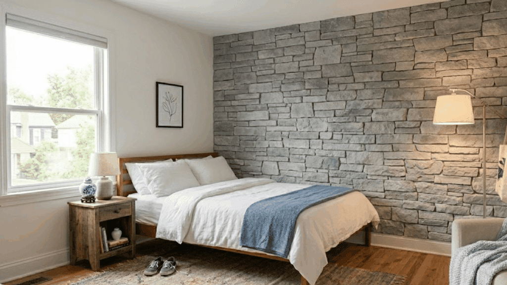 bedroom with stone wall simple bed lamp and wooden side table