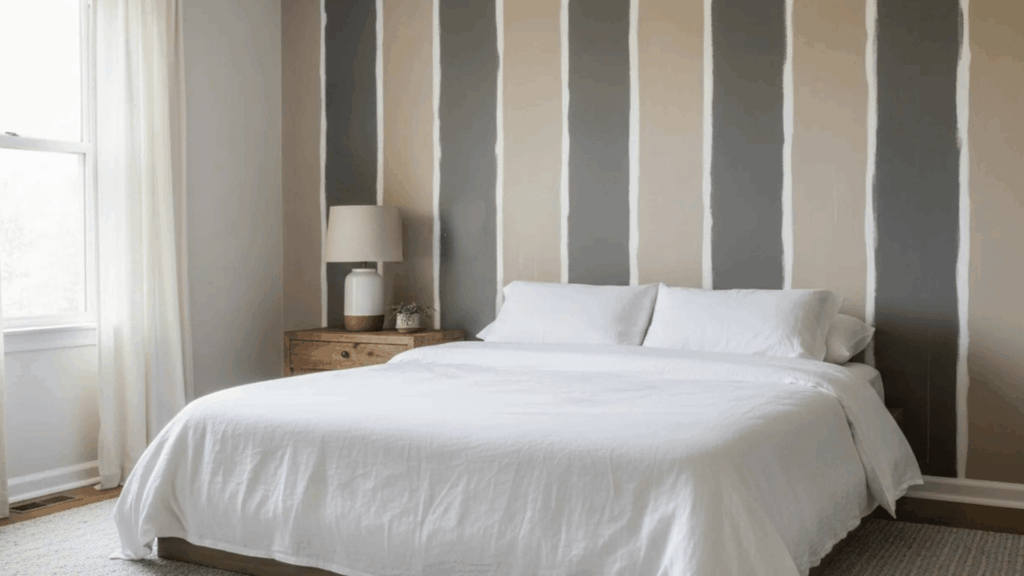 bedroom with striped accent wall white bedding and simple wooden table