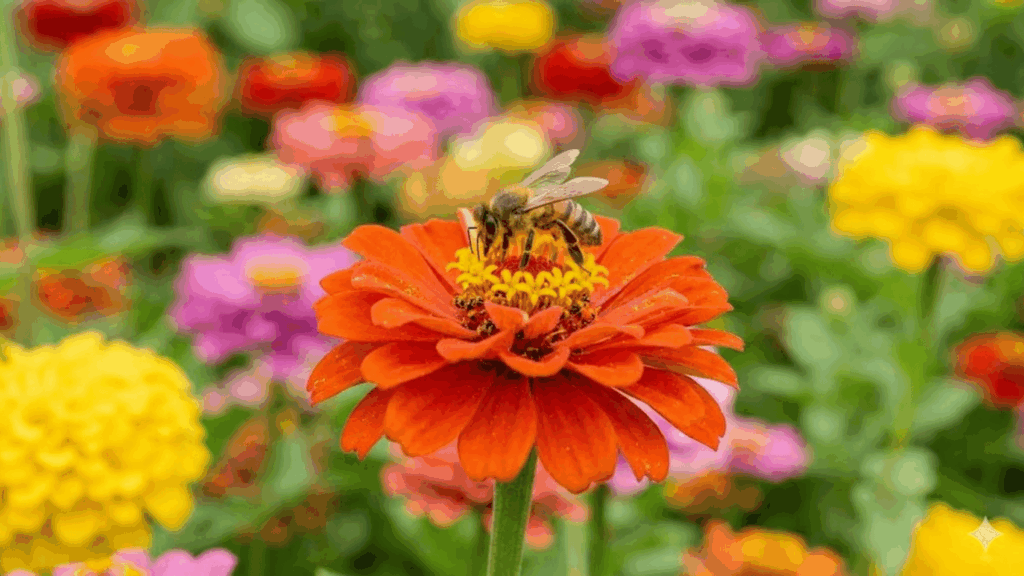 bee collecting nectar on bright orange flower in garden with colorful blooms showing perennial flower vs annual comparison
