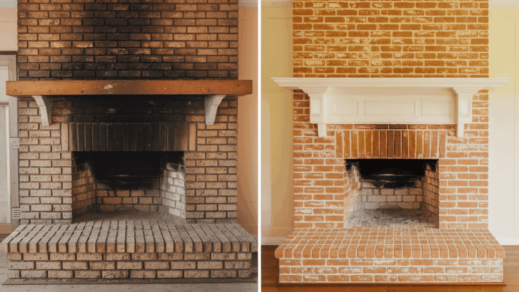 How to Paint Brick Fireplace: Step by Step Guide before and after view of brick fireplace showing steps on how to paint brick fireplace