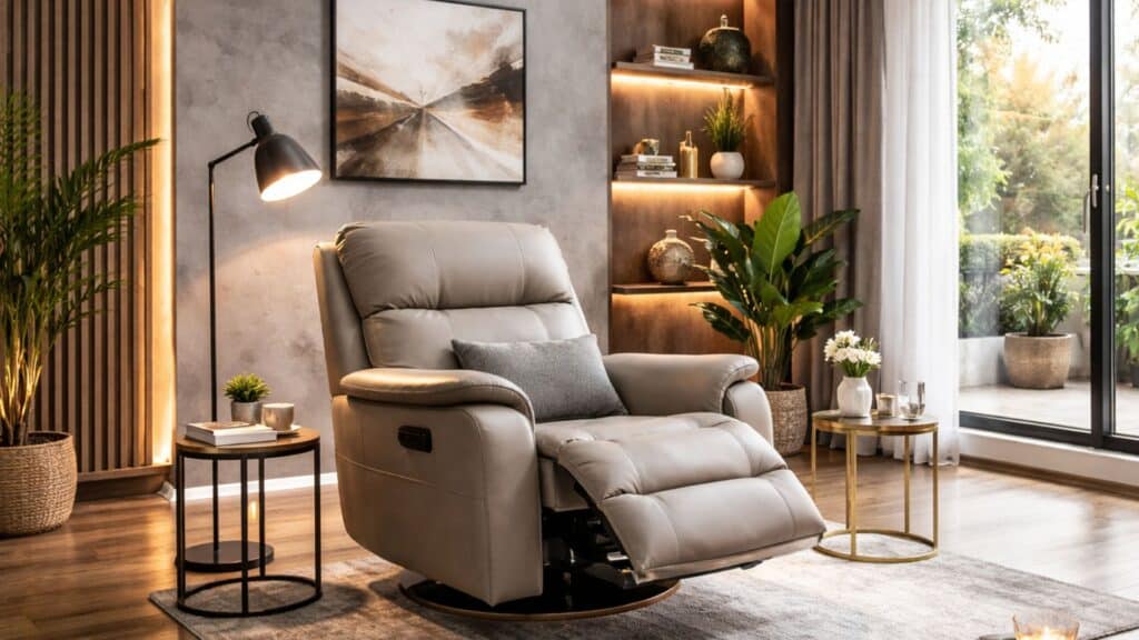 beige recliner chair extended in cozy living room with shelves plants soft lighting and large window view
