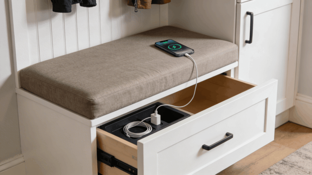 bench with cushion and open drawer showing charging station and phone creating smart entry storage solution