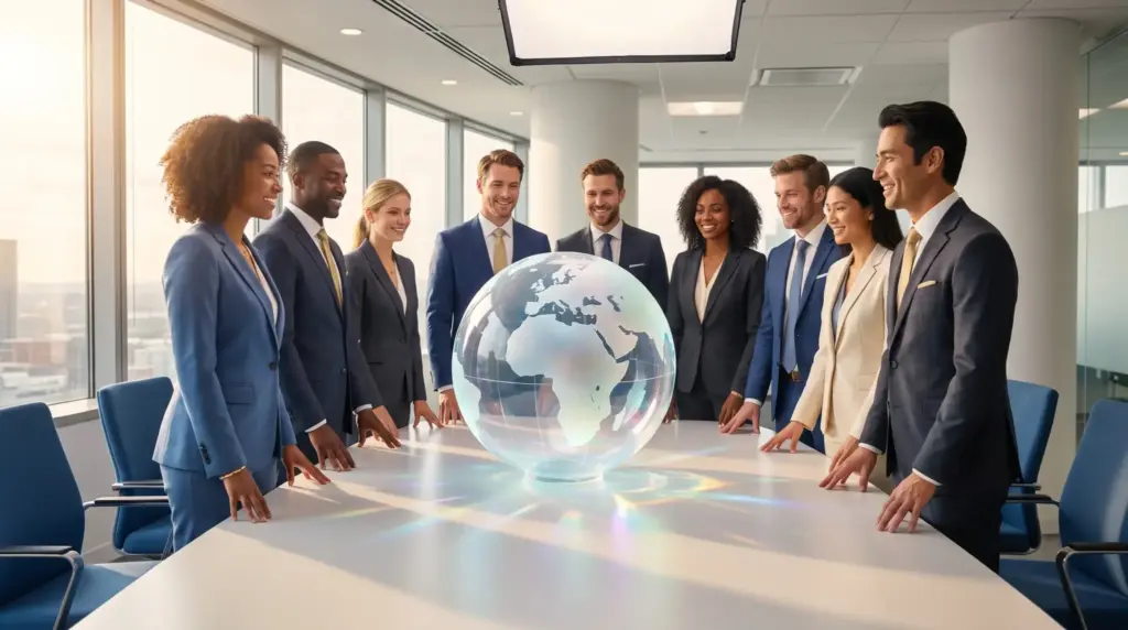Business team in formal attire standing around a glowing globe in a modern conference room
