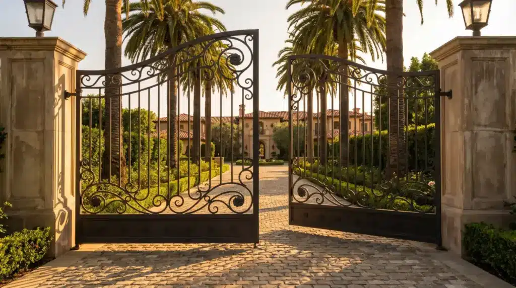 Ornate wrought iron gates open to reveal mansion and palm trees in warm afternoon light
