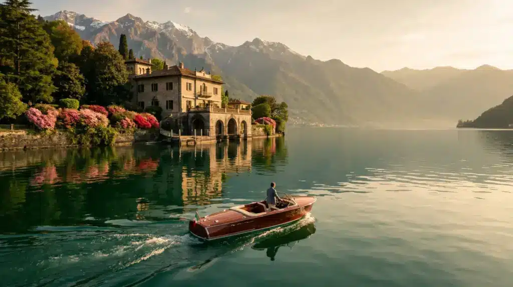 Man steering wooden motorboat on calm lake near elegant villa with colorful flowers