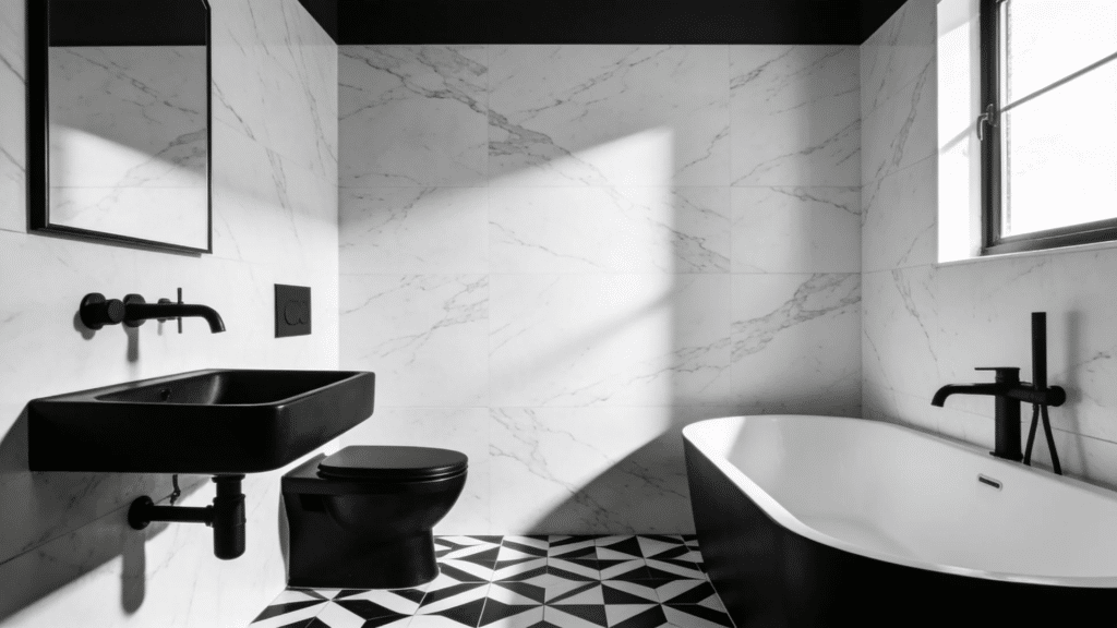 black and white contrast bathroom with bold tiles and fixtures creating modern space