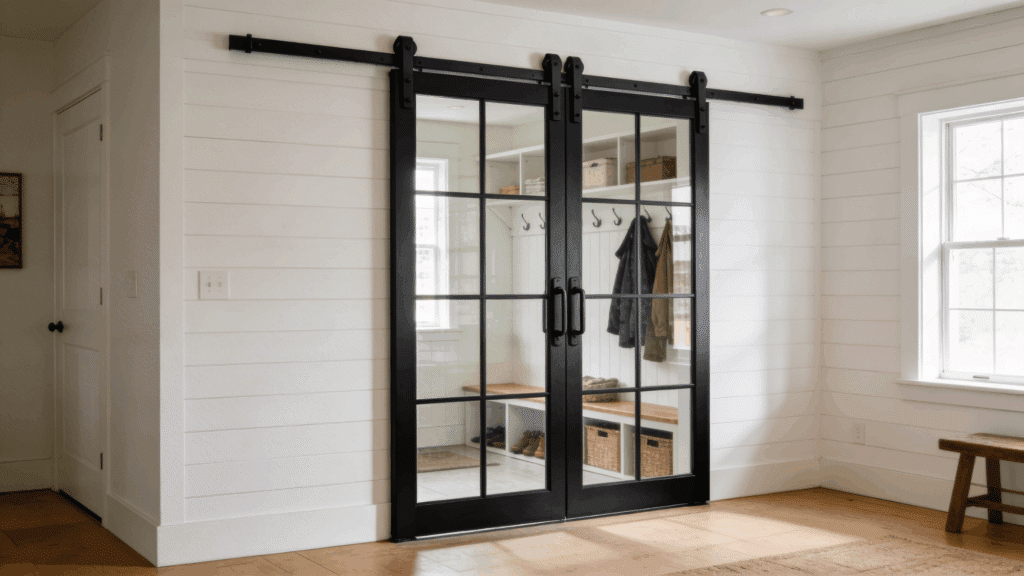 black framed sliding glass doors opening to mudroom with bench and hooks creating modern functional entry