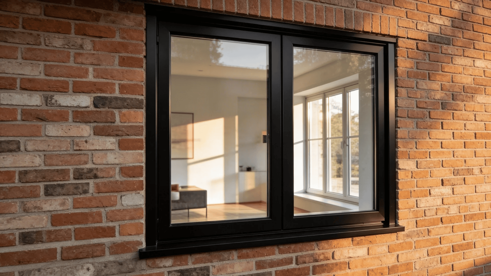 black framed window set in brick wall showing bright interior room with sunlight and furniture