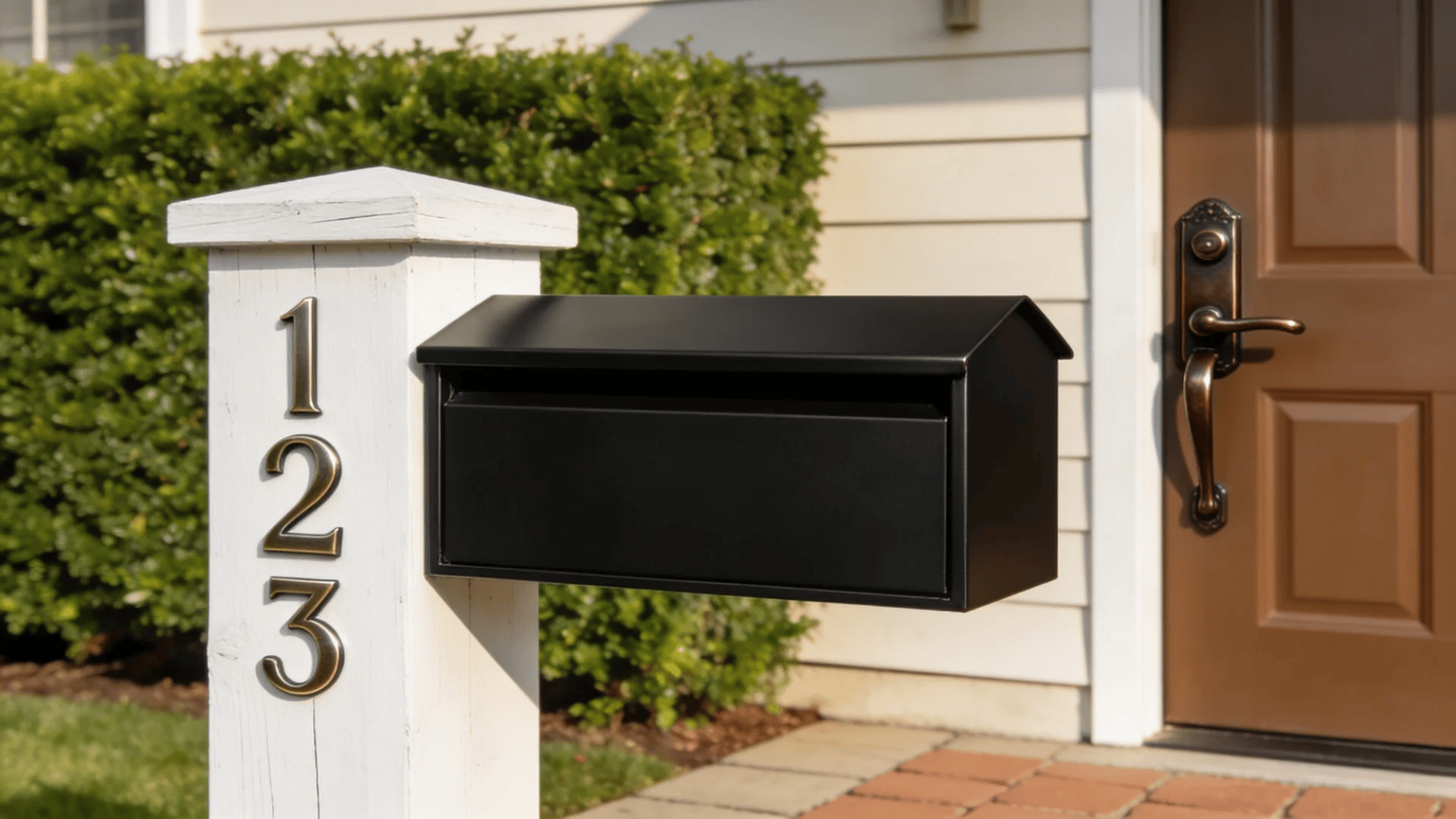 black mailbox on white post near house entrance with door and greenery in background