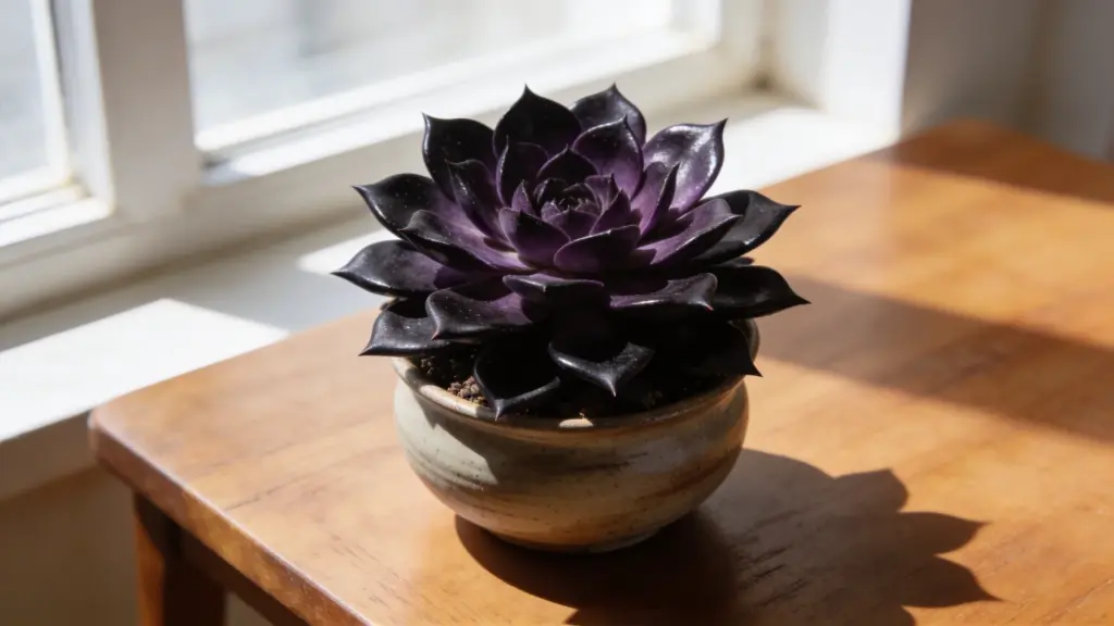black prince succulent with dark purple-black rosette leaves in a small ceramic pot on a sunlit wooden table near a window