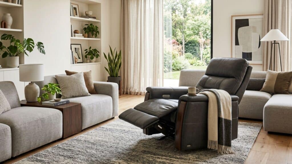 What Is a Recliner Chair: Types and Key Features black recliner chair extended in bright living room with sofas plants large window and neutral decor