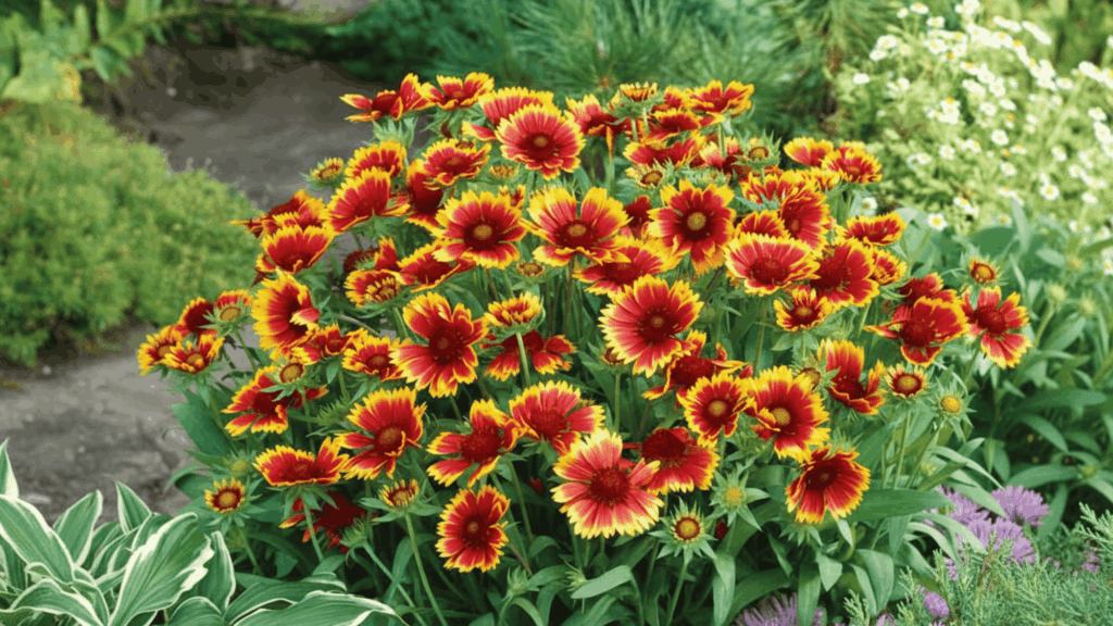 blanket flower with red and yellow blooms growing in dry garden showing strong drought resistant plant type