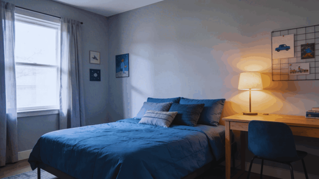 blue and gray teen bedroom with simple bed desk and soft lighting