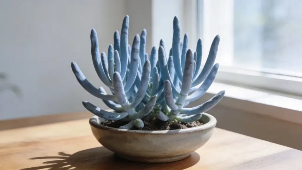 blue chalksticks succulent with blue-gray finger-like leaves in a shallow pot on a sunlit wooden table near a window