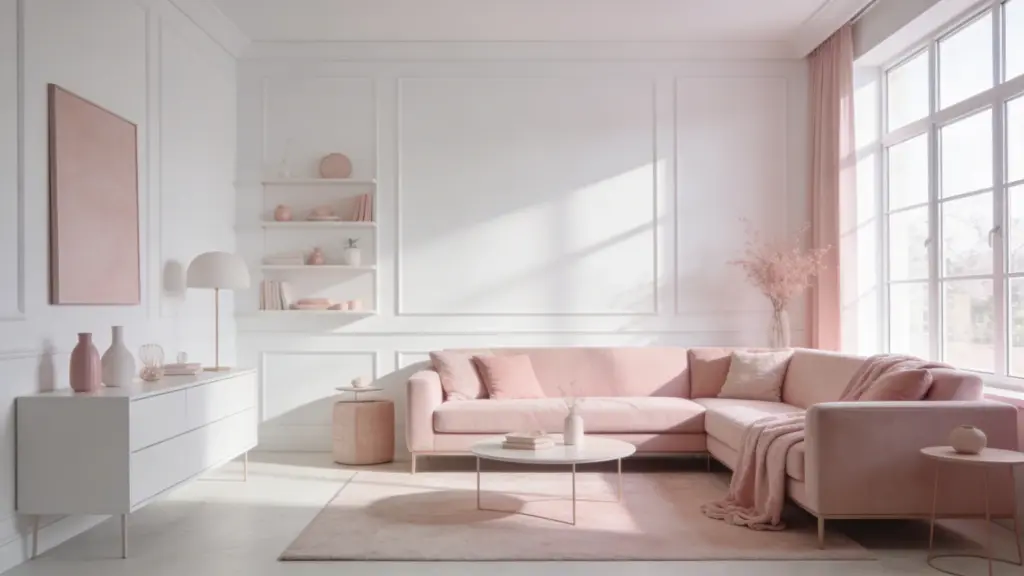 blush pink and white living room with soft sofa bright natural light minimal decor and a clean airy elegant design