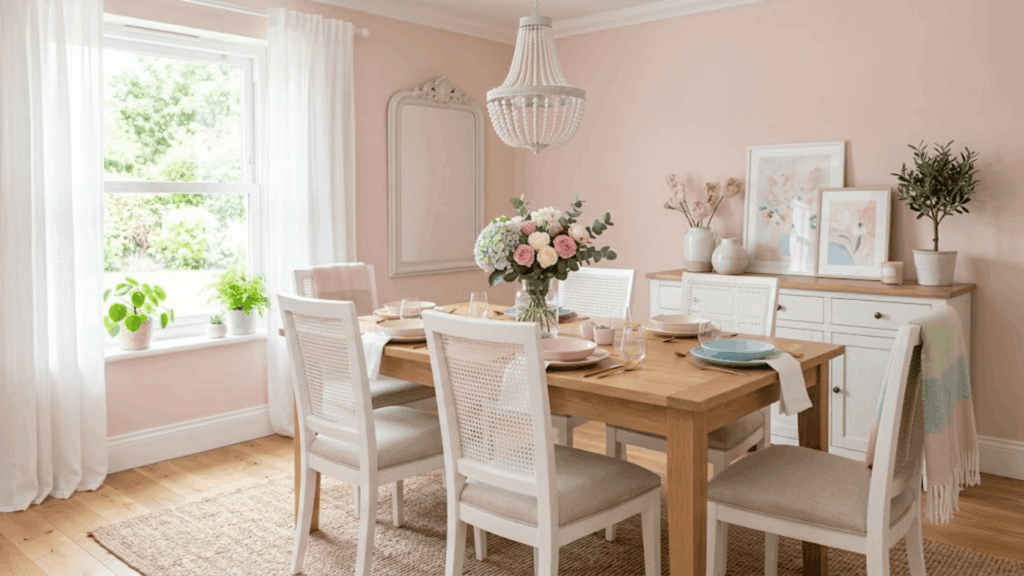 blush pink dining room with white furniture light wood table and soft decor creating a bright calm interior