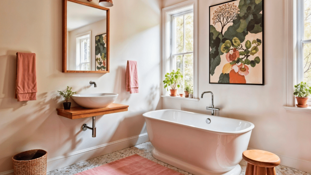 boho chic bathroom design with warm tones plants freestanding tub and artistic decor accents