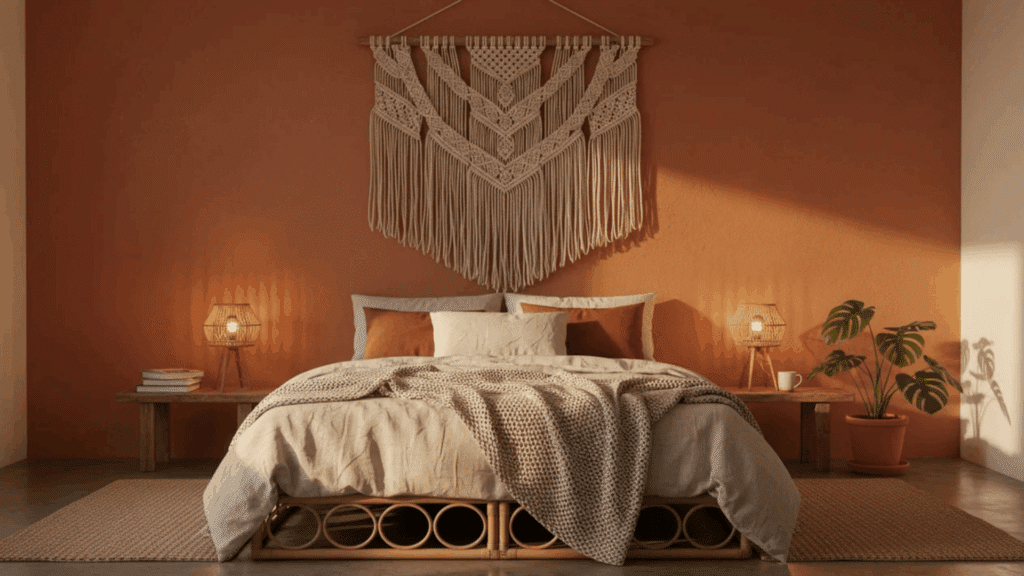boho style bedroom with woven wall hanging warm orange wall wooden furniture and soft lighting