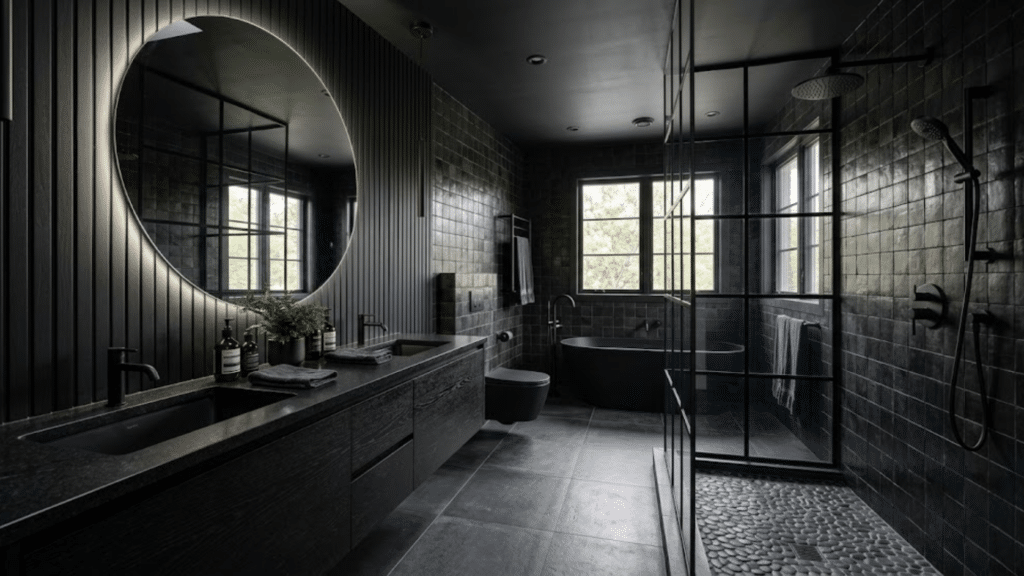 bold black matte bathroom design with dark tiles glass shower and modern sleek fixtures