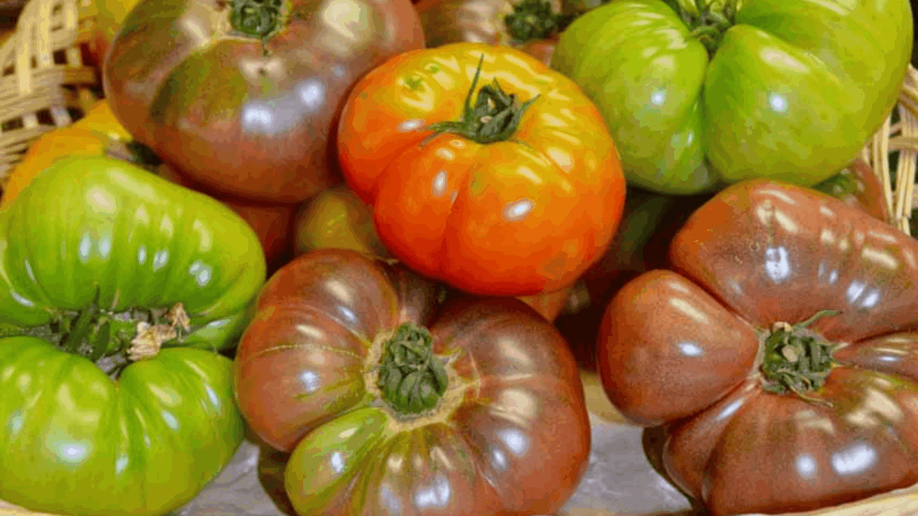 brandywine tomatoes in basket showing mixed colors and large size