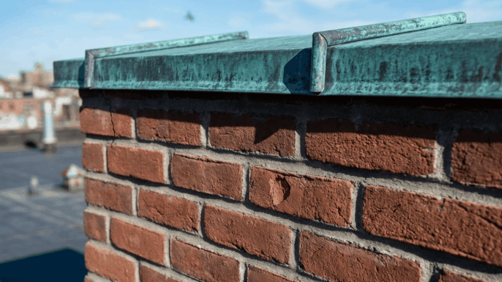 brick parapet wall with green metal coping on rooftop showing weathered texture and urban background view