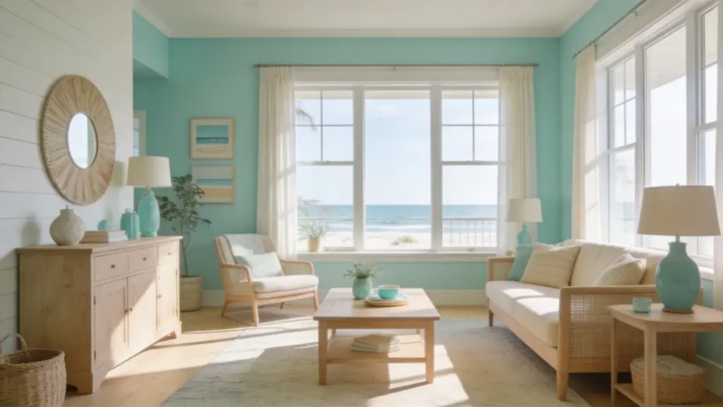 bright aqua and sand living room with coastal décor wooden furniture soft textures and natural light creating a fresh relaxing space